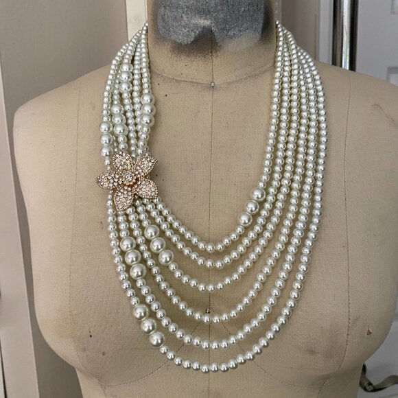 Bloomingdales CLASSIC White 6 strand Pearl Flower pendant bib Collar Necklace - Picture 10 of 15